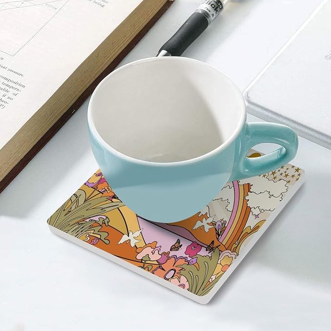 4PCS Botanical Drink Coasters, Square Modern Ceramic Absorbent Coasters, Abstract Cartoon Colorful Mushroom Flower Butterfly Pattern Decor Desk Coffee Table Coaster for Beverage Cup Tea Coasters