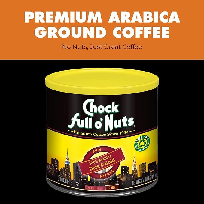 Chock Full o' Nuts Dark & Bold Ground Coffee – Premium Beans in Recyclable Steel Can – Rich Flavor & Aroma, Dark Roast – Perfect for Drip, Pour-Over, Percolator – 23 Oz Can (Pack of 2)