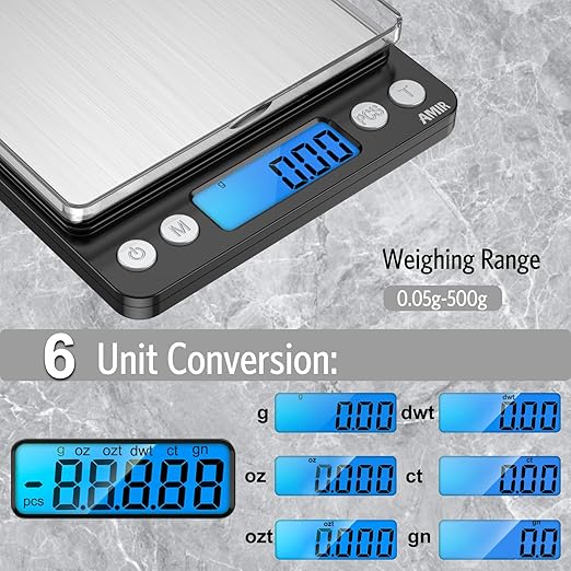 AMIR Digital Kitchen Scale, 500g/0.01g Mini Pocket Jewelry Scale, Cooking Food Scale with Backlit LCD Display, 2 Trays, 6 Units, Auto Off, Tare, PCS Function, Stainless Steel, Battery Included, Black