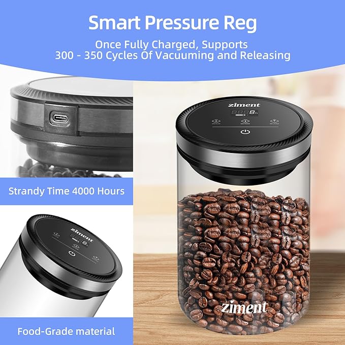 1.6L Smart Vacuum Coffee Canister, Airtight Glass Storage Container, Intelligent Air Pressure Adjustment, 4000 Hours Long Standby Time, Holds 1.1 lb/500g Coffee Beans, Tore Pasta, Snacks, Nuts