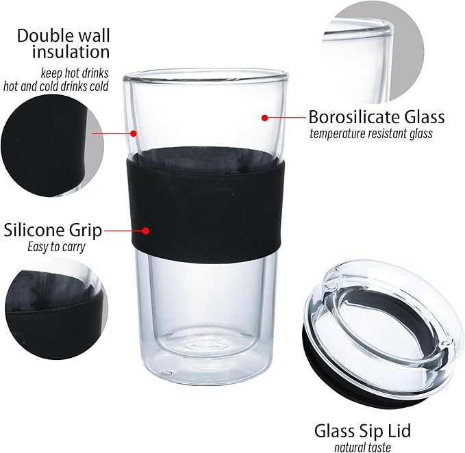 Double Wall Glass Tumbler 10 ounce All Glass Reusable Insulated Tea/Coffee Mug & Lid, Hand Blown Glass Travel Mug (10 ounce) No Leaks, Silicone Grip for Easy Carry, Natural Taste