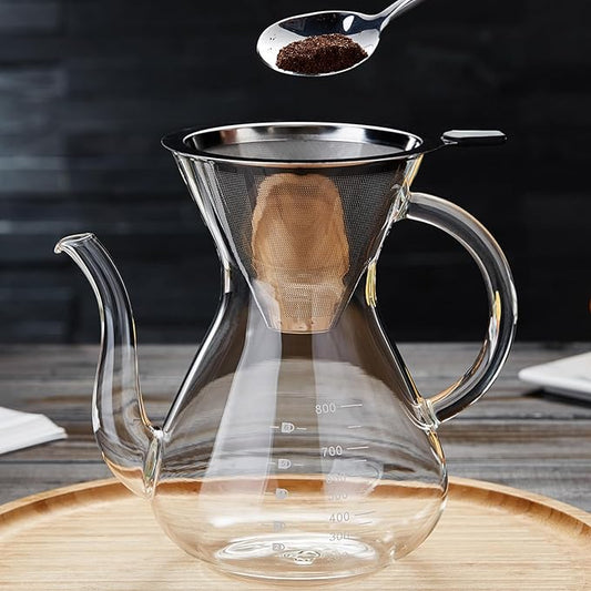 Unbreakable - Pour Over Coffee Maker with Double Stainless Filter 27 fl oz, Thickened Heat-Resistant Borosilicate Glass Pour Over Coffee Dripper, Stovetop Safe