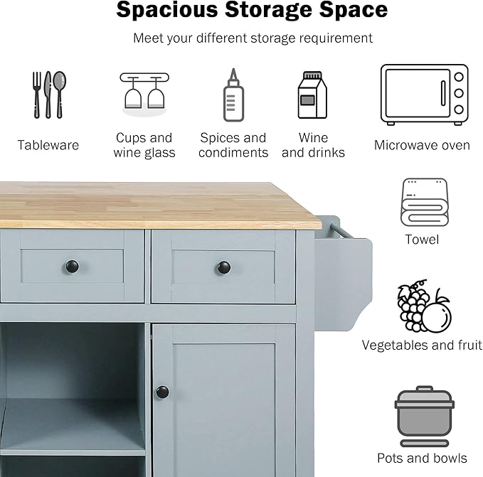 Rolling Kitchen Island with 2 Bar Stools, Drop Leaf, Cabinet Door Storage Racks & 3 Drawers, Mobile Kitchen Cart with Rubberwood Top & Locking Wheels for Dining Room & Kitchen, 53-Inch, Grey Blue