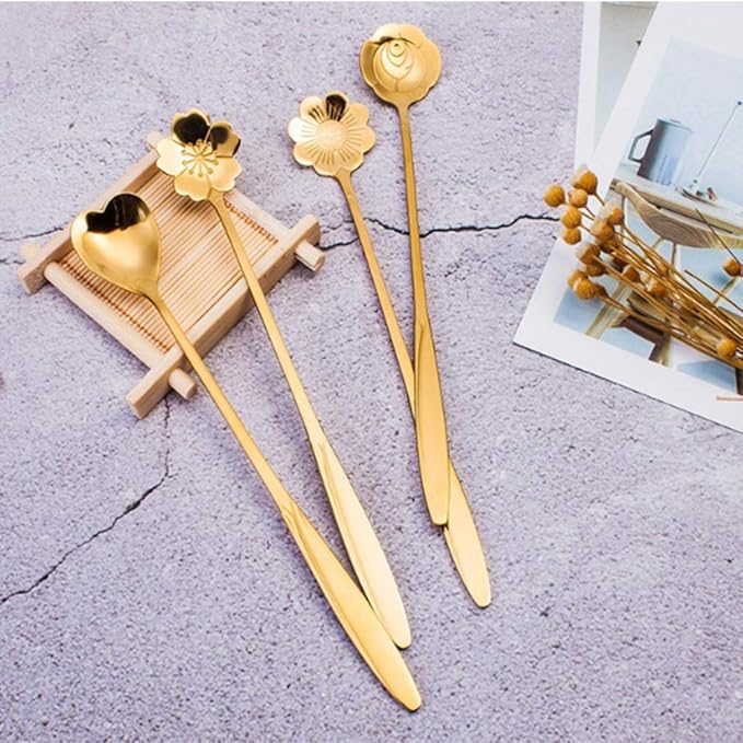 dealcase 4 Pcs Flower Spoon Coffee Teaspoon Set, Drink Stirring Spoon for Tea, Cake, Sugar, Dessert, Ice Cream, Cocktail Stirring, Coffee (Gold)