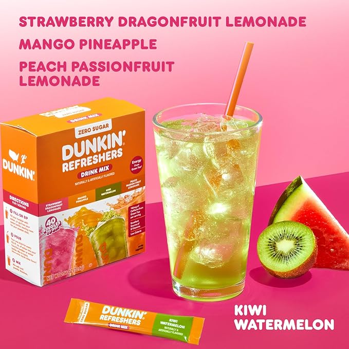 Dunkin’ Refreshers Singles To Go! Powdered drink mix packets, 40 Ct Variety Pack, 40 Single serve Packets per Box (40 servings), Energy from Green Tea, aspartame-free, no synthetic colors, naturally and artificially flavored, just add water
