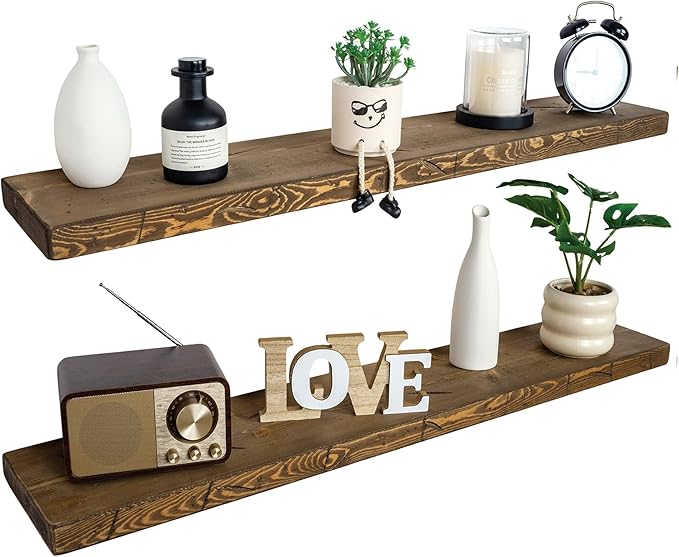 BGMG Floating Shelves 54 inch Long, Distressed,Wide Rustic Wooden Wall Shelves for Bathroom Living Room Bedroom Kitchen Farmhouse Set of 2-54x6.7x1.75 inch-Distressed Walnut