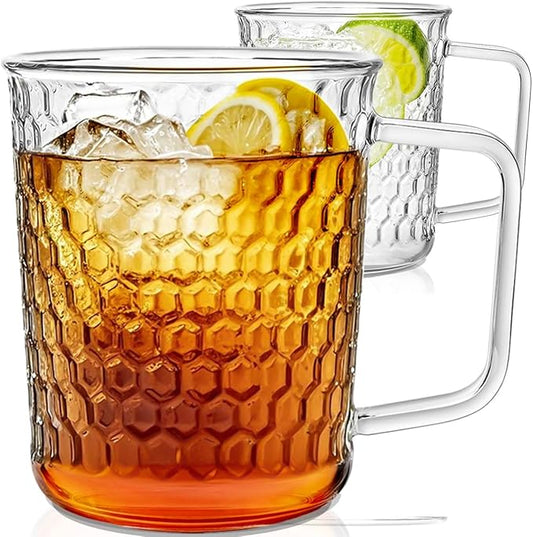 Aquach 20 Oz Glass Coffee Cups, Clear Tea Mugs with Handle, Microwave and Dishwasher Safe Home Office Drinking Mugs Perfect for Americano Cappuccino Hot&Cold Beverages, 2-Pack