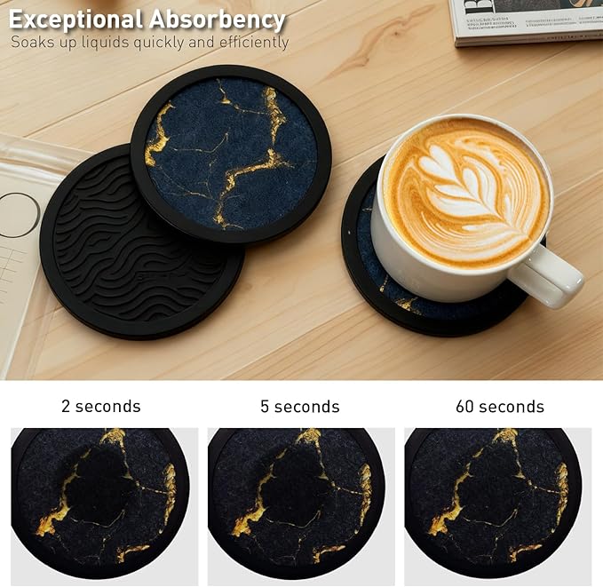 Set of 6 Non-Slip Silicone Coasters with Holder, Double-Sided Absorbent for Hot/Cold Drinks, Scratch & Water Ring Protection for Wood Tables, Home Office Bar, Black Gold Marble (Black Gold Pattern)