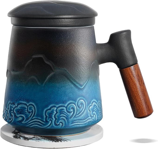 ZENS Tea Cup with Infuser and Lid for Loose Leaf Tea Steeper, 15.2 oz Ceramic Tea Mug with Fine Tea Strainers and Absorb Coaster, Wood Handle Large Diffusers Mugs Tea Lovers Gifts