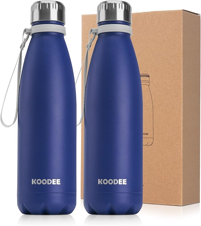 koodee Water Bottle 2 Pack 17 oz Stainless Steel Double Wall Vacuum Insulated Sports Water Bottle with Leak Proof Lid, Cola Shape Travel Flask for Men (2 Pack Navy)
