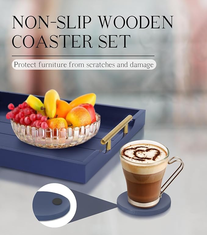 Coffee Table Tray - Large Ottoman Tray for Living Room - Wood Serving Tray with 2 Sets of Handles - Wooden Trays for Coffee Tables, 4 Round Coasters Included, Deep Blue