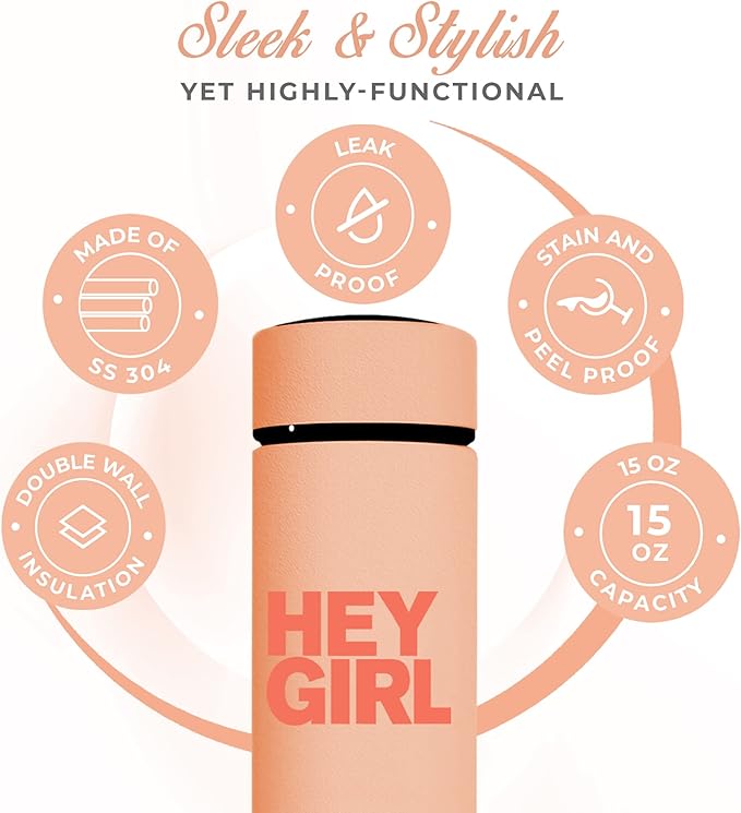 Hey Girl Tea Infuser Bottle 450ml - Insulated Stainless Steel Water Bottle - Tea Tumbler with Tea Diffuser - Portable Travel Mug for Loose Leaf Tea & Infused Water - Tea Lovers Gifts for Women