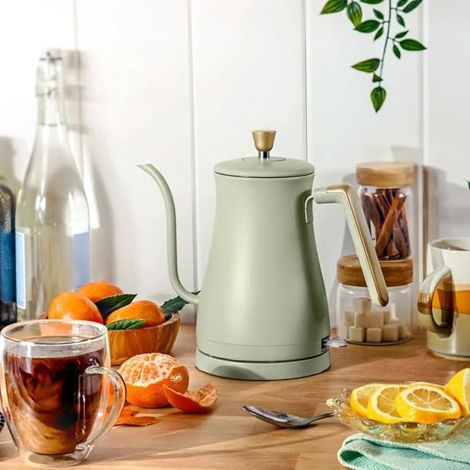Electric Gooseneck Kettle 1 Liter 1200W, Stainless Steel, Pour Over Coffee Tea, Auto Shut-Off, 360° Cordless Power Base (Sage Green)