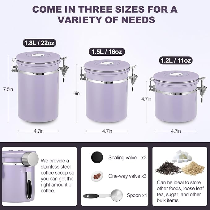 ShanSon Coffee Canister Airtight Coffee Container Stainless Steel Coffee Bean Storage Container with Scoop Coffee Canister for Beans Grounds Sugar Flour Tea Cereal,22OZ, Purple Upgraded Version