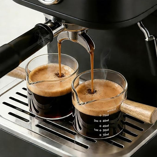 YARRAMATE 2.5 oz/75ML Espresso Shots Cup with Wood Handle (2 Pack), Clear Glass Espresso Measuring Cup, Espresso Shot Glass with Single Spout and Scale, Dishwasher Safe