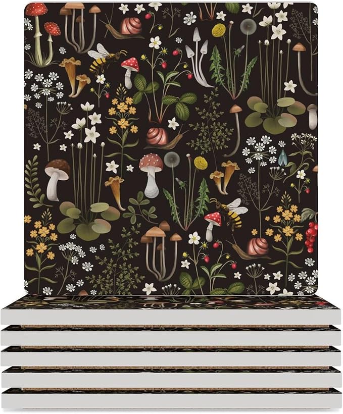 Square-6PCS Botanical Drink Coasters, Square Modern Ceramic Absorbent Coasters, Cartoon Mushroom Floral Plants Pattern Botanical Decor Desk Coffee Table Coaster for Beverage Cup Tea Coasters
