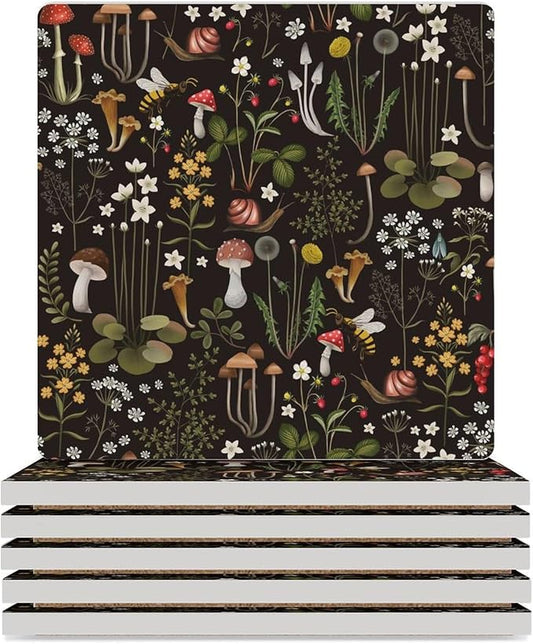 Square-6PCS Botanical Drink Coasters, Square Modern Ceramic Absorbent Coasters, Cartoon Mushroom Floral Plants Pattern Botanical Decor Desk Coffee Table Coaster for Beverage Cup Tea Coasters
