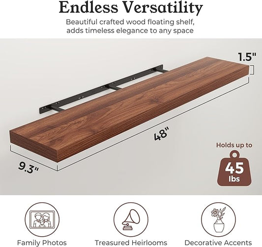 Floating Shelves for Wall, 9.3" Deep Wall Mounted Rustic Wood Shelves for Bathroom, Bedroom, Living Room, Kitchen, Hanging Shelf for Books/Storage/Room Decor (Walnut, 48")