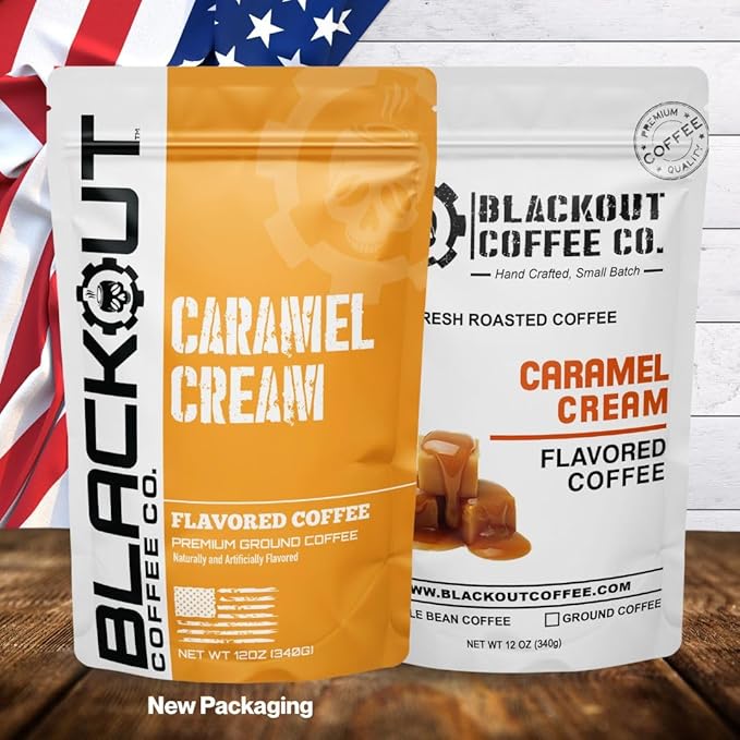 Blackout Coffee Caramel Cream Flavored Ground Coffee – Medium Roast, Smooth Taste, Guilt-Free Indulgence – Freshly Roasted 12oz Bag.