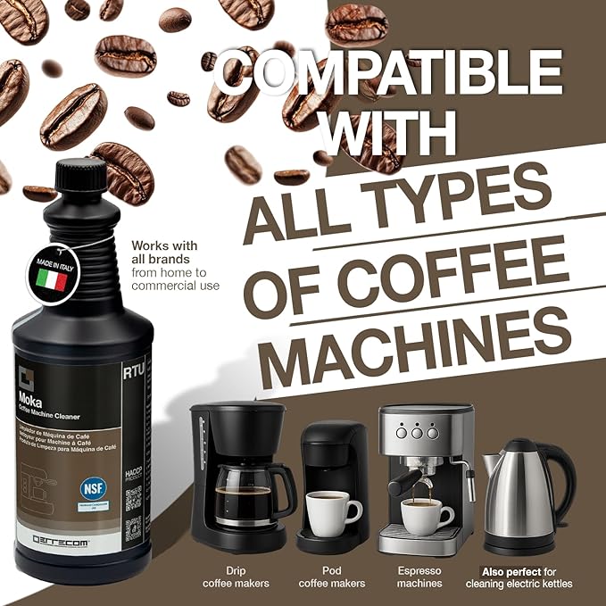 ERRECOM Moka, Coffee Machine Descaler, NSF Registered A3, Compatible with all Coffee Machines and Kettles, Quart bottle