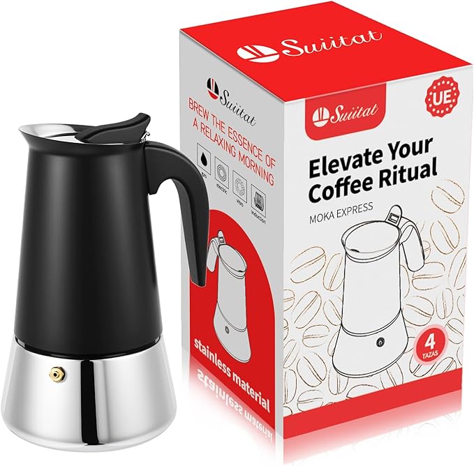 Suiitat Moka Pot, 4 Cups (7.1 oz) Stovetop Espresso Maker, 304 Stainless Steel Moka Pot, Induction Compatible, Black