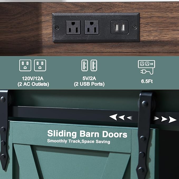 Wnutrees Farmhouse Coffee Bar Cabinet with Charging Station and USB Ports,Sliding Barn Door,39" Kitchen Hutch Sideboard Buffet Storage Cabinet,Fits Kitchen Dining Living Room, Green