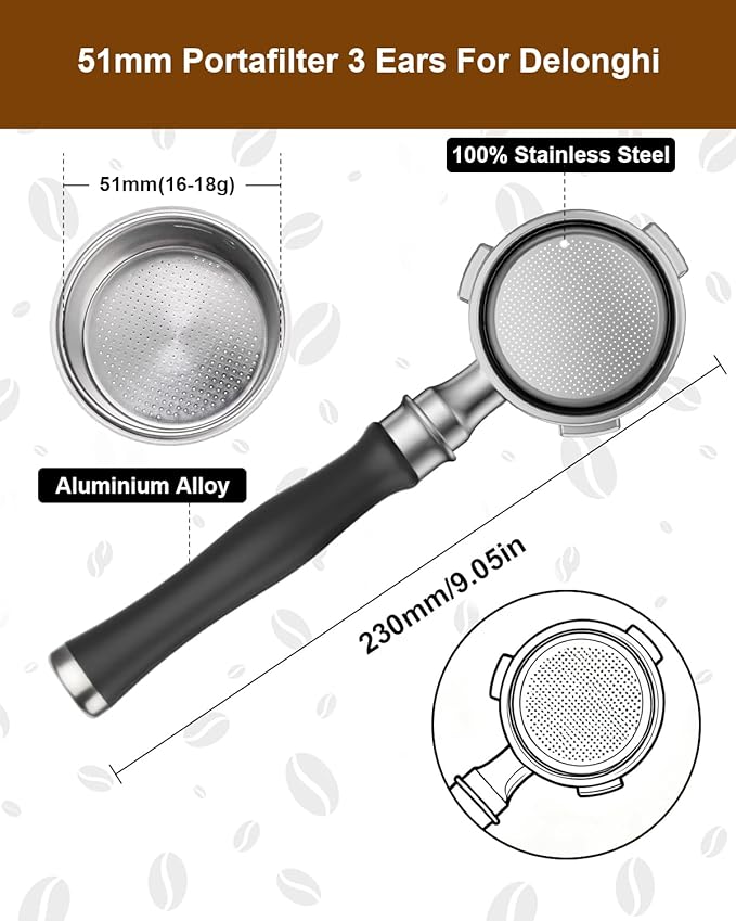 51mm Bottomless Portafilter 3 Ears Compatible with Delonghi Dedica EC680/EC685/EC885 and SMEG, EUPA Espresso Machines, Espresso Naked Bottomless Portafilter with Puck Screen and 18g Filter Basket