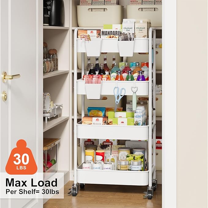 4 Tier Rolling Cart Metal with Wheels, White Four Tiered Rolling Storage Cart on Wheels, Utility Roller Carts Organizer for Art, Craft, Baby Diaper Caddy, Snack, Book, Large-Capacity Shelving Units