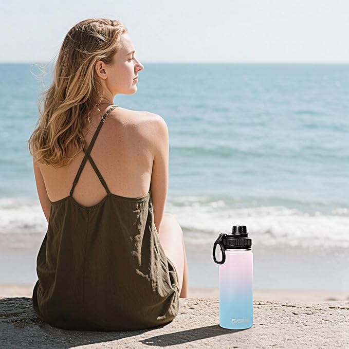 SASEUM Sport Water Bottle 32oz Stainless Steel Double Wall Vacuum Thermal Mug with Leak Proof Spout Lids, Wide Mouth Metal Insulated Water Jug for Gym and Travel（Blue Pink）