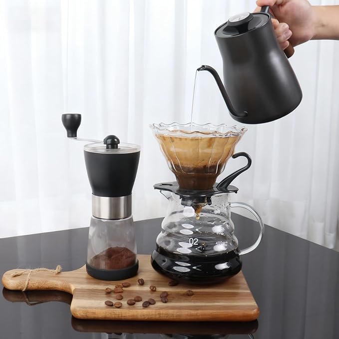 Pour Over Coffee Maker Set, Portable coffee Set - Manual Coffee Grinder, Coffee Dripper Set, Gooseneck Kettle，two cups, suitable for Camping, RV, Home, and Office