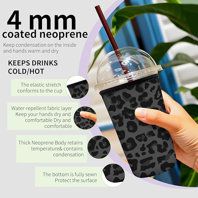 Reusable Neoprene Insulator Sleeve for Iced Coffee Cups, Medium 22-28oz Durable Drink Sleeve for Cold Beverages, Cute Beverage Holder Cup Sleeve for Women Men Cute Black Leopard
