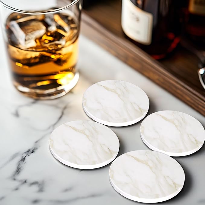 White Marble Style Ceramic Coasters Set of 6 with Holder Modern Coffee Table Decor Drink Coaster Gifts Absorbent Stone Coasters for Rustic Farmhouse Bar