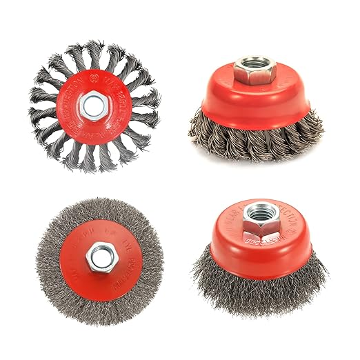 4 Pack Wire Wheel & Cup Brush Set for 4 1/2 Angle Grinder, 5/8"-11 Threaded Arbor, Heavy Duty Carbon Steel Wire Brush for Rust Removal, Paint Stripping & Polishing, Fits Most Grinders