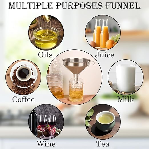 Kitchen Funnel for Filling Bottles, 5 Inch 304 Stainless Steel Funnel with Strainer for Transferring Oils Juices Wine Milk with Silicone Scraper and 100 Mesh 200 Mesh Filtel