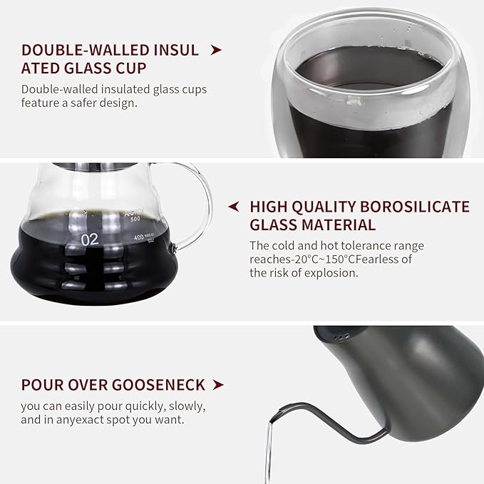 Pour Over Coffee Maker Set, Portable coffee Set - Manual Coffee Grinder, Coffee Dripper Set, Gooseneck Kettle，two cups, suitable for Camping, RV, Home, and Office