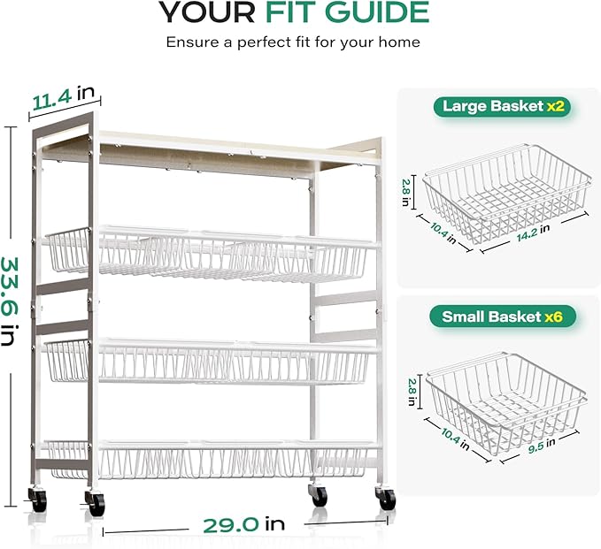 Cinati 4-Tier Utility Kitchen Cart with Wood Top, 29" W Kitchen Storage Cart with 8 Baskets & Handle, Metal Snack Cart with Wheels, Adjustable Pantry Organizer and Storage Cart for Fruit, Vegetables
