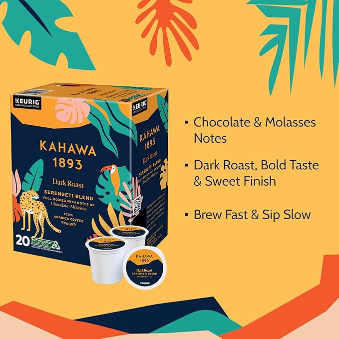 Kahawa 1893 Dark Roast Coffee K-Cup Pods Serengeti Blend (20 Count) - As Seen on Shark Tank, Low Acid, High Antioxidants, Naturally Sweet, Organically Grown, Ethically & Sustainably Sourced