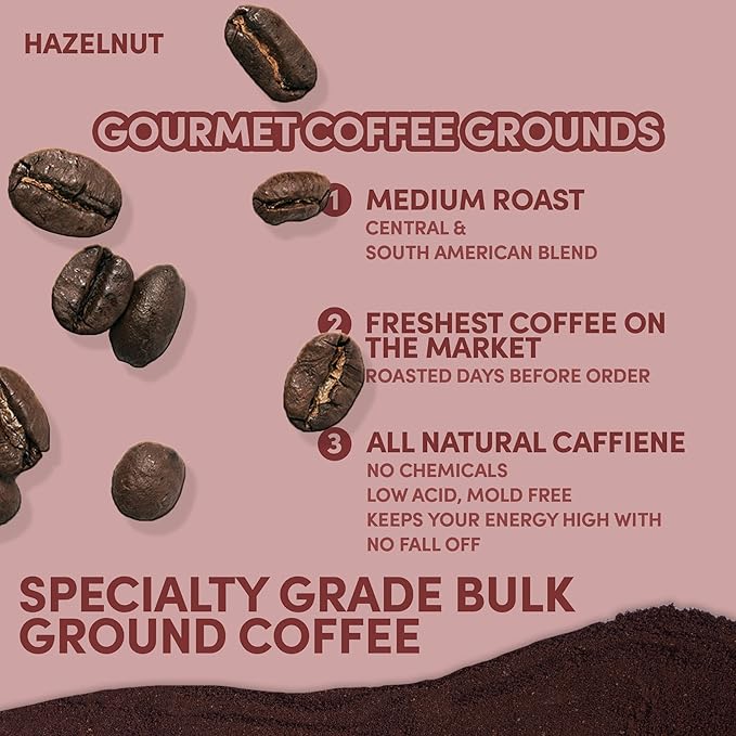 Sarasota Coffee Ground Hazelnut | Medium Roast Gourmet Flavored Coffee Grounds | Low Acid, Mold Free, Specialty Grade, Flavored Bulk Ground Coffee | 5lb (80 oz)