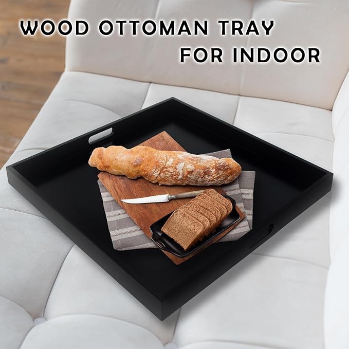 24" Square Large Ottoman Tray, Wood Serving Tray with Handle, Modern Extra Large Black Decorative Trays for Living Room Coffee Table Home