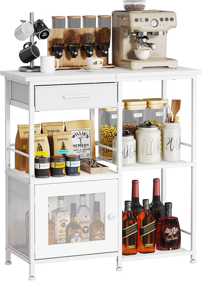 SWTYMIKI Coffee Bar Cabinet for Home - Farmhouse Coffee Stand Station Multi-Purpose Buffet Sideboard Cabinet - Kitchen Bar Table for Living Room, Corner, Small Space, White