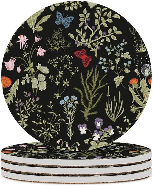 Botanical Drink Coasters, Round Ceramic Drink Coaster Round-4PCS, Colorful Cartoon Abstract Botanical Mushroom Plants Pattern Decor Absorbent Ceramic Coasters for Beverage Cup, Bar, Coffee Table