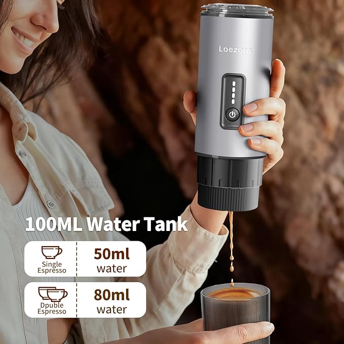Leozora Portable Espresso Maker, 20Bar Professional Pressure, Stainless Steel Body, 7500mAh USB-C Rechargeable, 3-in-1 for Ground Coffee & Nespresso/DG Capsules, Ideal for Camping, Car, Office,Silvery