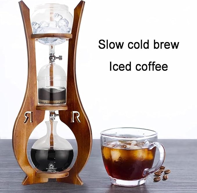 Cold Brew Drip Tower - 600ml Ice Coffee Maker with Double Valve, Wooden Stand & Slow Drip Technology - Perfect for Home & Office Brewed Coffee Lovers