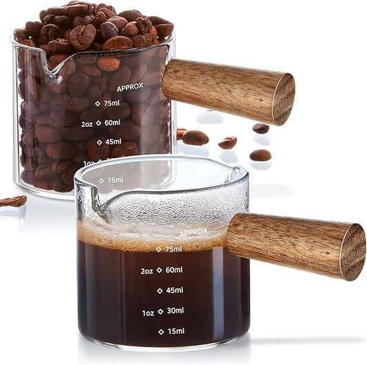 2 Pack Espresso Shot Cups Measuring cups, Wooden Handle V-Shaped Double Spout Espresso Shot Glass, Coffee Bar Essentials, coffee accessories