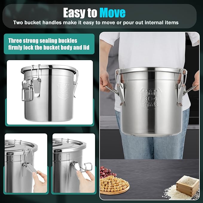 6L/1.31gal Stainless Steel Airtight Canister, Food Storage Canisters with Airtight Lid&Locking Clamp, Rice Cereal Grain Canisters Container, Storager Bucket for Flour, Coffee Bean, Sugar, Cookie, Milk