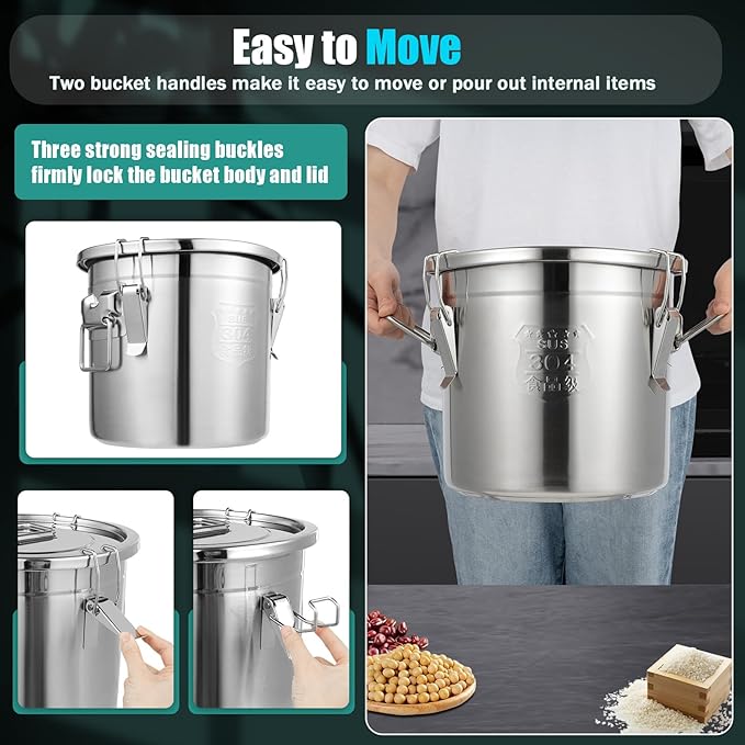 12L/2.64gal Stainless Steel Airtight Canister, Food Storage Canisters with Airtight Lid&Locking Clamp, Rice Container Cereal Grain Canisters, Storager Bucket for Flour, Coffee Bean, Sugar, Cookie