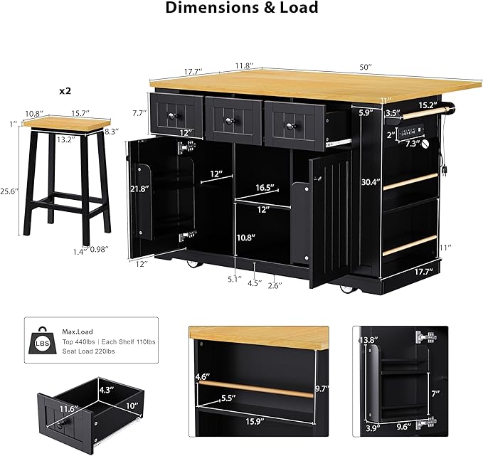 Rolling Kitchen Island with 2 Bar Stools, Drop Leaf & Power Outlet, Large Kitchen Islands Cart on Wheels, Movable Kitchen Island with 5 Open Shelves & Towel Rack for Kitchen, Dining Room, 53″, Black