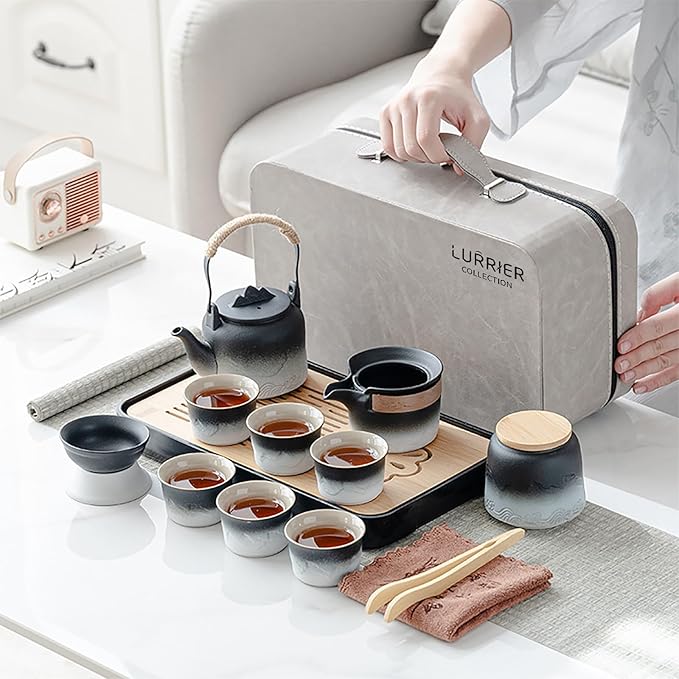 LURRIER Gongfu tea sets, Portable Ceramic TeaSet, Asian Tea sets for adult, Tea Gift sets, Grey leather case, Portable Travel Bag,Home,Gifting,Outdoor and Office(Black and White)