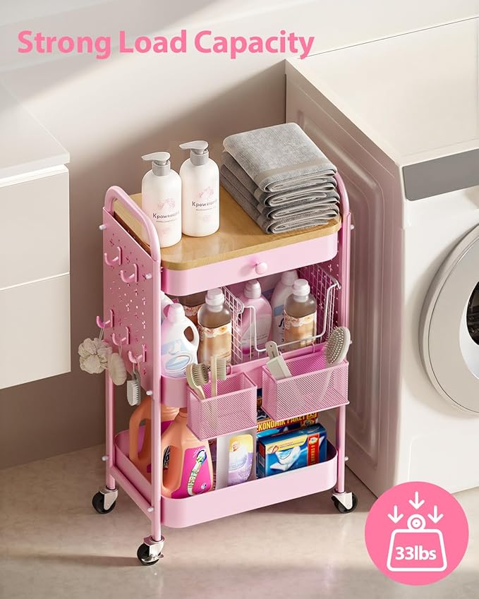 ALVOROG Rolling Cart with Drawer and Wood Table Top, 3 Tier Metal Rolling Utility Cart on Wheels with DIY Pegboards, Hanging Baskets,Hooks for Kitchen, Bedroom, Office, Craft Supplies