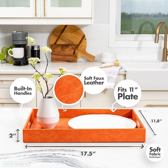 Beautiful Modern Elegant 17.5"x12" Rectangle Orange Faux Leather Decorative Tray Ottoman Coffee Table Perfume Living Room Kitchen Serving Tray with Handles for All Occasion's